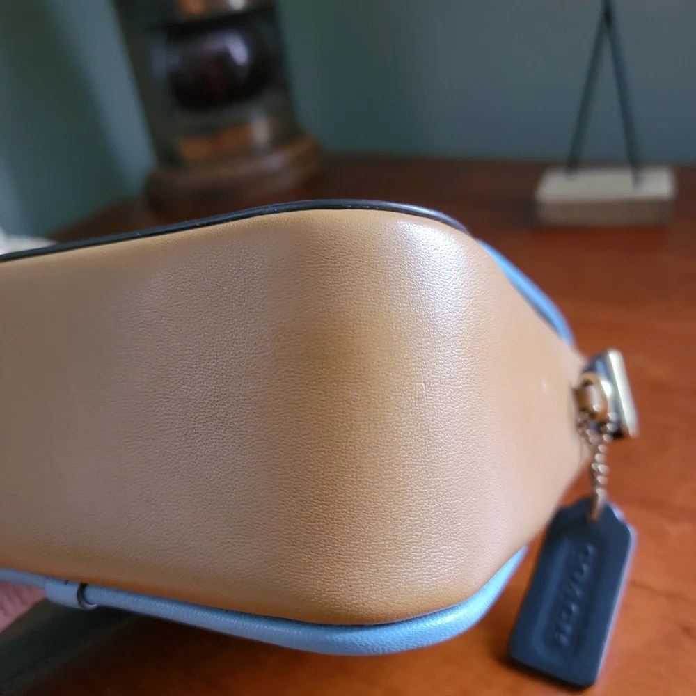 Coach 89126 Rambler 16 Colorblock Tan Blue Pink Leather Crossbody Bag